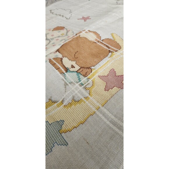VTG Candamar Designs Finished Baby Afghan Cross Stitch Sleepy Teddy Bear Signed - Picture 6 of 14